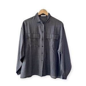 VTG JAEGER London Black & Grey Knit Check Button Front Oxford Shirt, Wool Blend